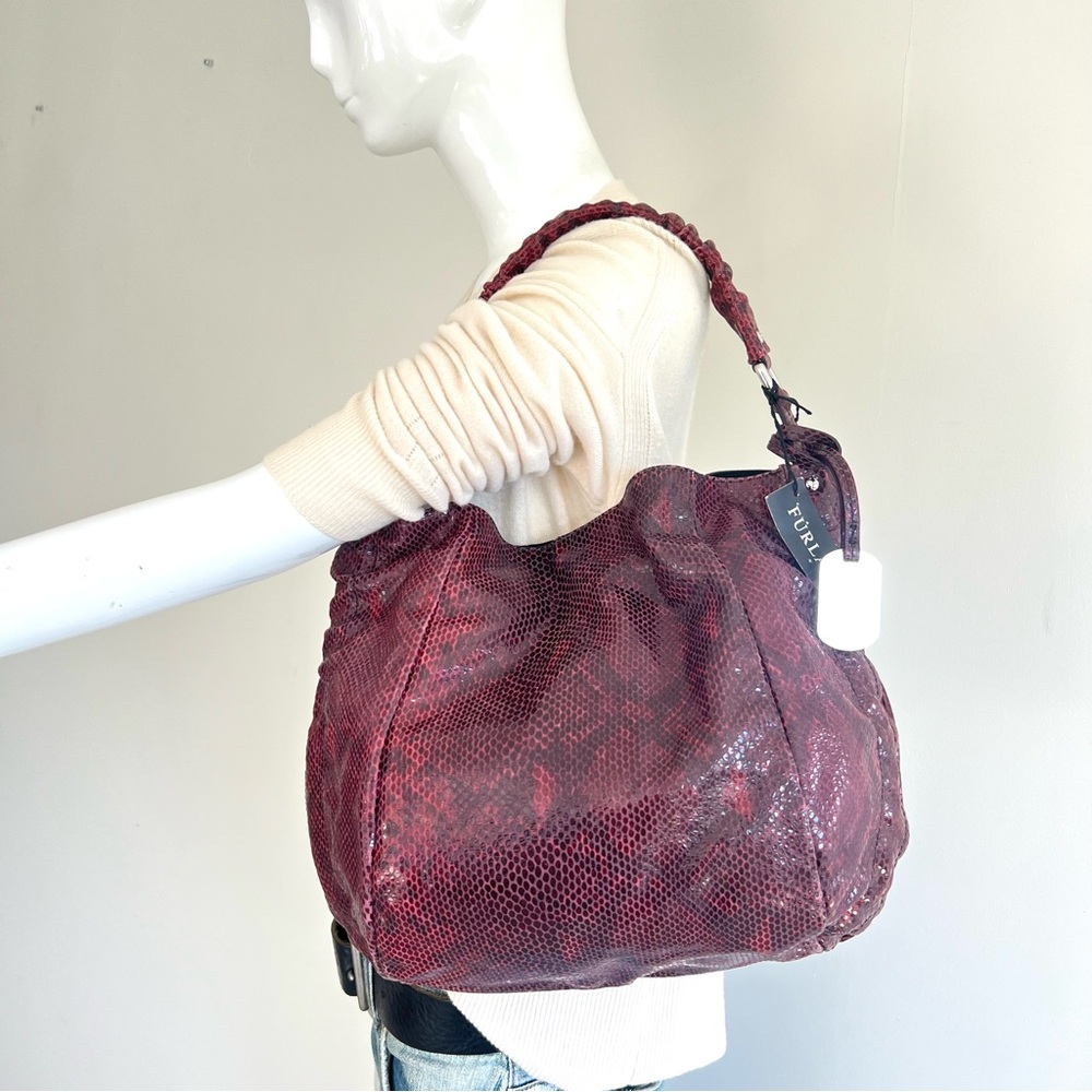 FURLA NEW Burgundy Snake Python Embossed Leather Single Handle Hobo Shoulder Bag - Picture 16 of 16